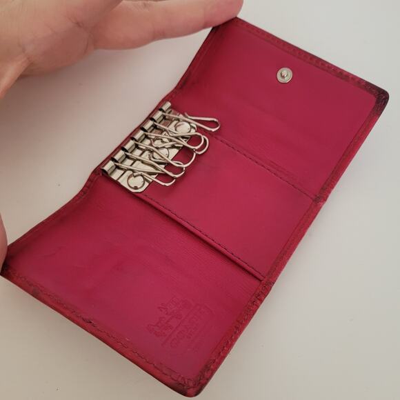Coach Wallet Key Charm Case Holder Tan Beige Pink Canvas Leather Logo - Picture 3 of 10